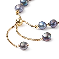 Rosy Brown Dyed Natural Pearl & Brass Round Beaded Slider Bracelet, Adjustable Bracelet with Golden 304 Stainless Steel Box Chains for Women, Rosy Brown, Inner Diameter: 1-3/4~3 inch(4.5~7.5cm)
