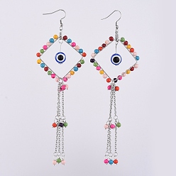 Colorful Dangle Earrings, with Synthetic Turquoise Beads, Alloy Spacer Beads, Evil Eye Resin Beads, Stainless Steel Rhombus Pendants & Cable Chains & Earring Hooks, Colorful, 143.2mm, Pendant: 124.5x46x6.3mm