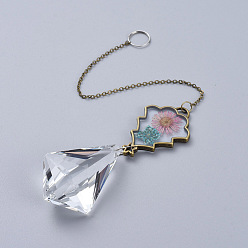 Античная Бронзовый & Платиновый Хрустальная люстра призмы, стеклянный подвесной кулон с ромбами, с железной кабельной цепью и подвеской из сплава рождественской елки, сушеный цветок внутри, античная бронза и платина, 250 мм