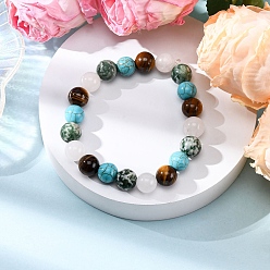 Смешанные камни Браслеты из круглых бусин синтетической бирюзы, натурального белого нефрита, зеленых точек и тигрового глаза для мужчин и женщин, внутренний диаметр: 2-1/4 дюйм (5.8 см)