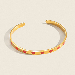 Real 18K Gold Plated 304 Stainless Steel Enamel Red Heart Open Cuff Bangles for Women, Real 18K Gold Plated, Inner Diameter: 2.64 inch(6.7cm)
