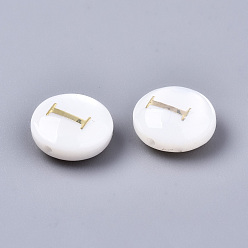 Letter I Natural Freshwater Shell Beads, with Golden Plated Brass Etched Metal Embellishments, Flat Round, Seashell Color, Letter.I, 8x3~5mm, Hole: 0.5~07mm