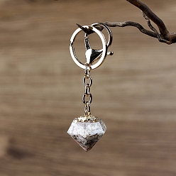 White Natural Shell Chips Inside Resin Diamond Keychain, White, Pendant: 30x25mm