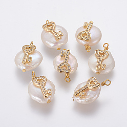 Clear Natural Cultured Freshwater Pearl Pendants, with Brass Micro Pave Cubic Zirconia Findings, Nuggets with Heart Key, Golden, Clear, 18~21x13~15x6~8mm, Hole: 1.5mm