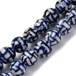 Прусский Синий Синие и белые фарфоровые бусы ручной работы нити, круглые, берлинская лазурь, 10~11 мм, отверстие : 1.5 мм, около 39 шт / нитка, 35.5~40.5 см