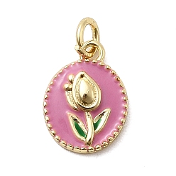 Бледно-Розовый Латунь эмаль прелести, овальные с цветком, стойки покрытие, долговечный, без кадмия и без свинца, реальный 18 k позолоченный, с целью перехода в кольце, розовый жемчуг, 11.5x8.5x2 мм, отверстие : 3.4 мм