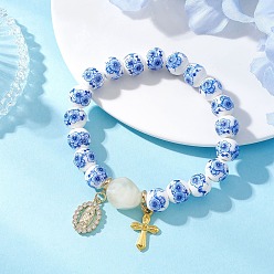 Синий Браслеты с подвесками из латуни с прозрачным кубическим цирконием, Браслеты ручной работы из фарфора и керамики с цветочным принтом для женщин, крест и овал с девой марией, синие, внутренний диаметр: 2.09 дюйм (5.3 см)