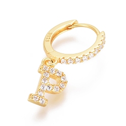 Letter P 925 Sterling Silver Hoop Earrings, Dangle Earrings, with Cubic Zirconia, with S925 Stamp, Letter, Clear, Golden, Letter.P, 19.5mm, Pendants: about 8.5x5.2x1.5mm, Pin: 0.6mm