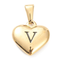 Letter V 304 Stainless Steel Pendants, Heart with Black Letter, Golden, Letter.V, 16x16x4.5mm, Hole: 7x3mm