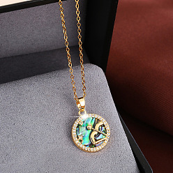 Sagitario Collares con colgante de disco de signo zodiacal de concha de abulón natural iridiscente de latón con circonita cúbica transparente para mujer, dorado, Sagitario, 15.75 pulgada (40 cm)
