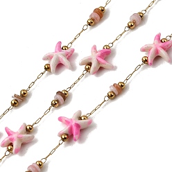 Pink Ручная работа 304 звенья цепи из нержавеющей стали с имитацией бирюзы в виде морской звезды, пайки, с 316 цепями из нержавеющей стали, катушкой и окрашенной оболочкой, ионное покрытие (ip), реальный 18 k позолоченный, розовые, бисер: 10x10x4 мм & 5x3.5 мм