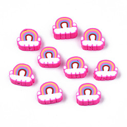 Hot Pink Handmade Polymer Clay Beads, Rainbow & Cloud, Hot Pink, 8.5~10.5x10~12.5x4~5mm, Hole: 1.8mm