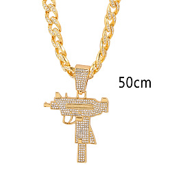 Золотой Женские цепочки в кубинском стиле из цинкового сплава с подвеской в форме пистолета, полностью украшенной кристаллами и стразами в стиле хип-хоп., золотые, 23.62 дюйм (60 см)