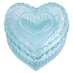 Pale Turquoise Embossed Heart Transparent Glass Jewelry Storage Boxes with Lid, Desktop Decorative Cases for Jewelry, Pale Turquoise, 8.9x9.3x5.8cm