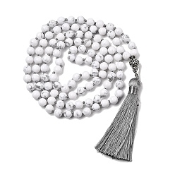 Говлит Натуральные молитвенные бусины-мала из хаулита, ожерелья с длинной кисточкой и металлическим деревом жизни, для йоги-медитации, платина, 40.16 дюйм (102 см)
