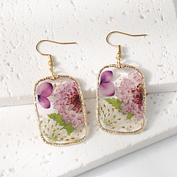 Средняя Орхидея Прямоугольные серьги-подвески из смолы и сушеных цветов, золотые, средне орхидеи, 33x24 мм