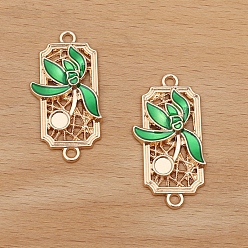 Green Alloy Enamel Pendant Cabochons Setting, Rectangle with Flower, Green, Tray: 4mm, 35x18mm, 50pcs/set