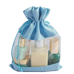 Светло-Голубой Сумка из искусственного льна из микрофибры, сумка на шнурке с бантиком из органзы, прямоугольные, Небесно-голубой, 23x16 см