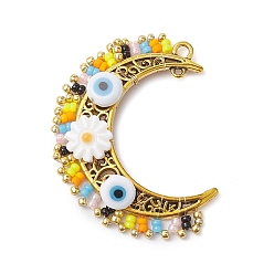 Античное Золото Подвески из стеклянных семян, лэмпворка и натуральных пресноводных ракушек, луна со сглазом и цветком, красочный, античное золото , 45.5x33x6 мм, отверстие : 2 мм