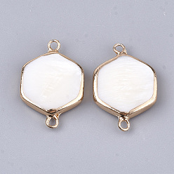 Seashell Гальванические соединители для пресной воды, с железной фурнитурой, шестиугольник, золотые, 25~26x17x4 мм, отверстие : 1.8 мм