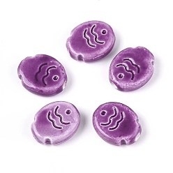 Темная Орхидея Ручной фарфоровые керамические шарики, яркие глазированный фарфор, рыба, темные орхидеи, 17x14x5.5 мм, отверстие : 2 мм