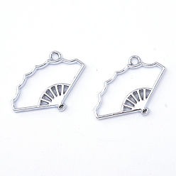 Platinum Rack Plating Alloy Fan Open Back Bezel Pendants, For DIY UV Resin, Epoxy Resin, Pressed Flower Jewelry, Hollow, Cadmium Free & Nickel Free & Lead Free, Silver Color Plated, 24x38.5x3.5mm, Hole: 3mm