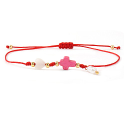 Камелия Пластиковые браслеты с подвесками из искусственного жемчуга, Браслеты из натуральных ракушек, синтетической бирюзы и латунных бусин, плетеные из бусин, для женщин., крест и сердце, камелия, 11.02 дюйм (28 см)