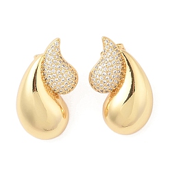 Настоящее золото 18K Серьги-гвоздики из латуни с микро-паве из прозрачного кубического циркония для женщин, без кадмия и без свинца, долговечный, слеза, реальный 18 k позолоченный, 28x17 мм