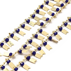 Blue Glass Beaded Arrow Charm Chains, with Real 18K Gold Plated Brass Rope Chains, Soldered, with Spool, Blue, 1.5mm