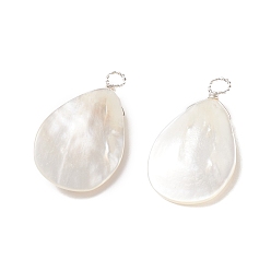Old Lace Natural Trochus Shell Copper Wire Pendants, Silver, Teardrop, Old Lace, 31x18x4mm, Hole: 3mm