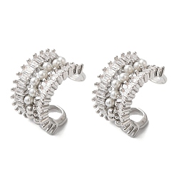 Платина Латунные серьги-манжеты из прозрачного кубического циркония, пластиковые жемчужные бусы, для женщин, кольцо, платина, 15x10 мм
