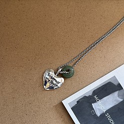 Зеленый Авантюрин Женские кулоны в виде сердечек из бусин-ронделей из натурального зеленого авантюрина и сплава, античное серебро, 23.62 дюйм (60 см)