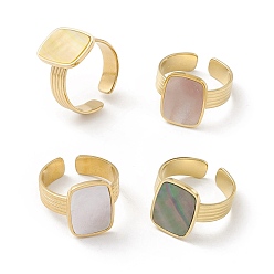Shell Ion Plating(IP) Natural Shell Rectangle Open Cuff Ring, Gold Plated 304 Stainless Steel Jewelry for Women, Mixed Color, US Size 7(17.3mm)