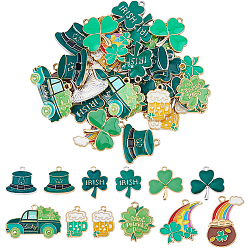 (52) Непрозрачная лаванда 3 сумки, подвески из сплава с эмалью ко Дню Святого Патрика, платиной и золотом, клевер/шляпа/машина, разноцветные, 19.5~31x13.5~33x1.5~3.5 мм, отверстие : 1.5~2 мм, 12 шт / пакет