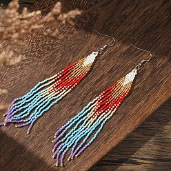 Real 14K Gold Plated Handmade Glass Beaded Dangle Earrings, 304 Stainless Steel Dangle Earrings for Women, Tassel Earrings, Real 14K Gold Plated, 130x15mm