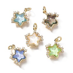 Настоящее золото 18K Латунные микро проложить кубического циркония прелести, звезда, со стеклом и блестками, пудрой и петлей, долгоиграющий, без свинца и без кадмия, cmешанных цветов, реальный 18 k позолоченный, 12.5x12x4 мм, отверстие : 2 мм