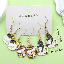 Золотой Серьги-подвески в форме кошки с чашкой 3 из цинкового сплава с эмалью, золотые, 48x20 мм