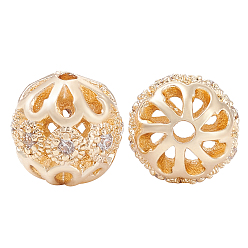 Real 14K Gold Plated 10Pcs Rack Plating Brass Micro Pave Clear Cubic Zirconia Beads, Long-Lasting Plated, Round with Flower, Real 14K Gold Plated, 8mm, Hole: 1.4mm