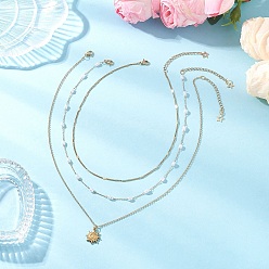 Солнце 304 кулон из нержавеющей стали 316 цепочка из хирургической нержавеющей стали и пластиковой жемчужины в виде скрепки 3 многослойные ожерелья для женщин, золотые, белые, солнце, 14.72~18.31 дюйм (37.4~46.5 см), 3 шт / комплект