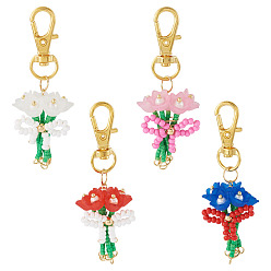 Mixed Color 4Pcs Glass Seed Bowknot Bouquet Pendant Decorations, with Alloy Lobster Claw Clasps, Mixed Color, 70mm