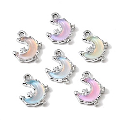 Platino Colgantes de vidrio de aleación de chapado uv, encanto de la luna, con diamante de imitación, facetados, color mezclado, Platino, 16x13x4 mm, agujero: 1.8 mm