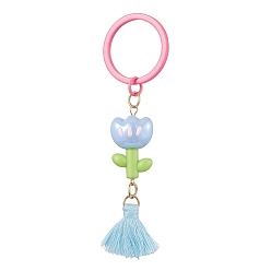 Cornflower Blue Acrylic Keychains, with Polycotton Tassel Pendant and Iron Split Key Rings, Flower, Cornflower Blue, 9.9cm