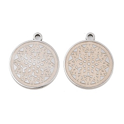 Stainless Steel Color 304 Stainless Steel Pendants, Flat Round with Flower Pattern Charms, Stainless Steel Color, 25x21.5x2mm, Hole: 2mm