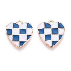 Синий Подвески из эмали и сплава, без кадмия и без свинца, золотой свет, сердце, клетчатые подвески, синие, 17.5x15.5x1.5 мм, отверстие : 1.8 мм