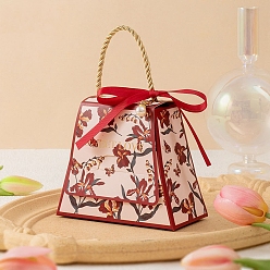 Красный Складные картонные коробки для конфет, коробка для упаковки свадебного подарка, с ручкой, трапеции с цветком, красные, 10.5x5.2x8.8 см