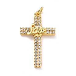 Real 18K Gold Plated Brass Micro Pave Clear Cubic Zirconia Pendants, Cross, Real 18K Gold Plated, 26.5x16x3mm, Hole: 3mm