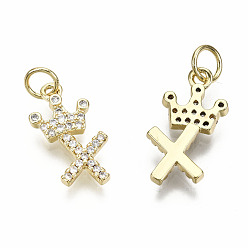 Letter X Brass Micro Pave Clear Cubic Zirconia Pendants, with Jump Ring, Nickel Free, Letter, Golden, 16~17.5x8.5~14x2mm, Jump Ring: 5x0.8mm, Inner Diameter: 3mm