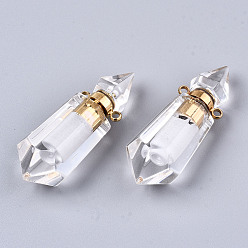 Quartz Crystal Faceted Natural Quartz Crystal Pendants, Openable Perfume Bottle, with Golden Tone Brass Findings, Hexagon, 40~41.5x15x13.5mm, Hole: 1.8mm, Bottle Capacity: 1ml(0.034 fl. oz)