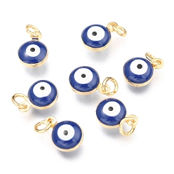 Slate Blue Brass Enamel Charms, Real 18K Gold Plated, Long-Lasting Plated, with Jump Ring, Evil Eye, Slate Blue, 9.5x6.5x4.5mm, Hole: 2.5mm