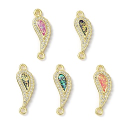 Mixed Color Brass Micro Pave Clear Cubic Zirconia Connector Charms, Synthetic Opal Feather Links, Long-Lasting Plated, Real 18K Gold Plated, Mixed Color, 25x8x3mm, Hole: 1.8mm